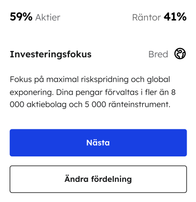 Ett exempel på investeringsförslag. 59% Aktier och 41% räntor med inriktning bred