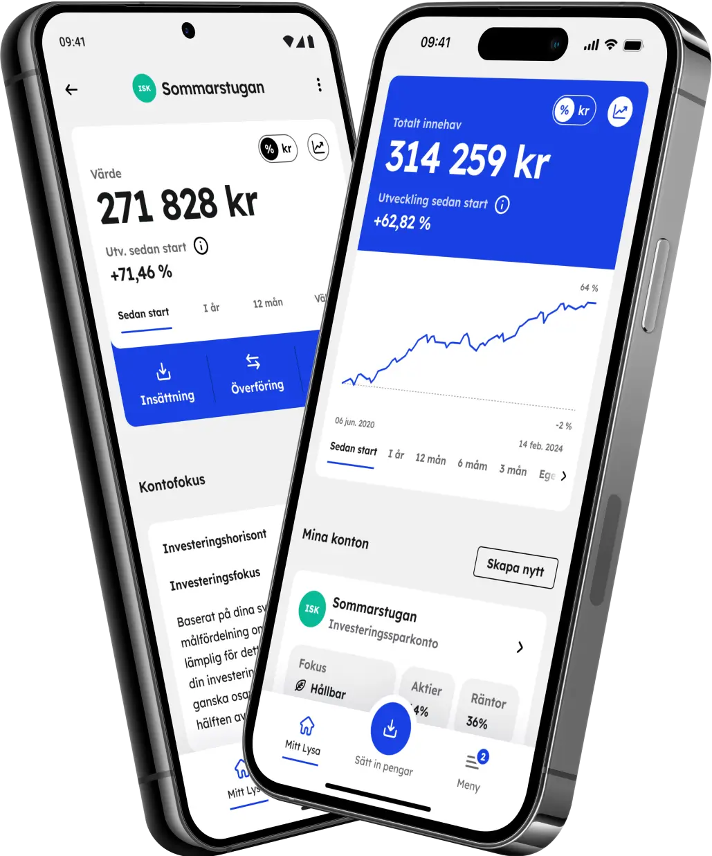 Två mobiler som visar Lysas app